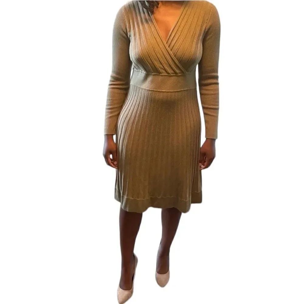 KARL LAGERFELD Ribbed Sweater Knit Faux Wrap Cross Front Midi Dress